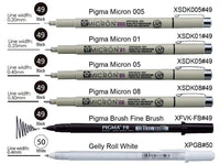 6PCS Sakura Pigma Micron Pen,Archival Pigment Ink Drawing Pens Manga Set (005, 01, 05, 08, FB brush pen, Gelly roll pen white)