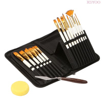 High quality New 15Pcs Paint brush Set silver Nylon hair Brush Includes Pop-Up Carrying Case For Acrylic Oil Watercolor Gouache