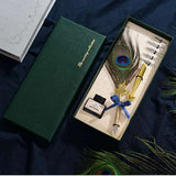 Vintage Quill Peacock Feather Dip Pen Set Fountain Caligraphy Pens with Ink Bottle 5 Nib Gift Box Stationery Wedding Gift