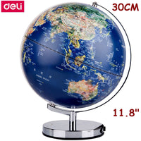 Deli 2165# 30cm (11.8&quot;) Teaching Globe with LED lamp Stainless steel support  base English &amp; Chinese printing relief surface