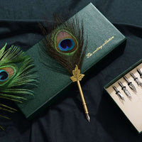 Vintage Quill Peacock Feather Dip Pen Set Fountain Caligraphy Pens with Ink Bottle 5 Nib Gift Box Stationery Wedding Gift