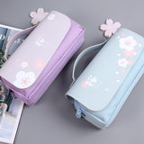 Korea Cherry blossoms PU Leather Student Pencil Case Double Zipper Large Capacity School Handy Female Bag Stationery Pencil Bag