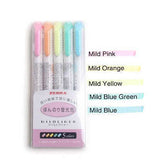 Japanese Zebra 5Pcs/Set Mildliner Pen Mild Liner Double Headed Highlighter Pen Drawing Marker Pens Scribble Art Stationery