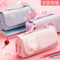 Kawaii Cherry PU Leather Capacity Pencil Case School Pencil Bag Holder Bag Pen Box For Sweet Flowers Girls Gift Pouch Stationery