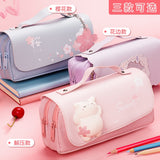 Kawaii Cherry PU Leather Capacity Pencil Case School Pencil Bag Holder Bag Pen Box For Sweet Flowers Girls Gift Pouch Stationery