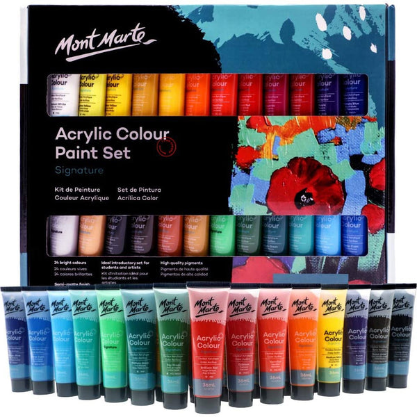 Mont Marte Acrylic Paint Set 24 Colors 36ml (1.02 fl oz) Perfect for Canvas Wood Fabric Leather Cardboard Paper MDF and Crafts