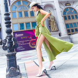 AOOKDRESS shirt dress in the long summer new fashion avocado green satin fake two-piece knee-length skirt