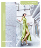 AOOKDRESS shirt dress in the long summer new fashion avocado green satin fake two-piece knee-length skirt