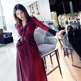 AOOKDRESS spring new suit collar slit long skirt nine-point sleeves and leather waist slim striped dress