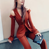 AOOKDRESS spring dress new professional women's pants set sexy off-the-shoulder thin temperament small suit jacket straight pants