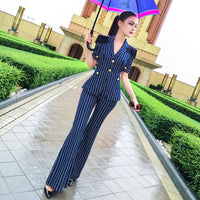 AOOKDRESS summer sexy casual professional wear women's suit fashion short sleeve striped coat temperament trousers two-piece suit