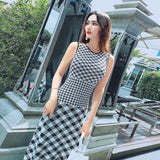 Aookdress women's summer new sleeveless dress mid length waist length slim sexy Plaid knee length skirt