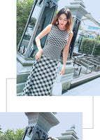 Aookdress women's summer new sleeveless dress mid length waist length slim sexy Plaid knee length skirt