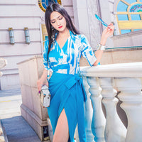 AOOKDRESS summer skirt set new fashion V-neck print shirt open-top hip long skirt two-piece set