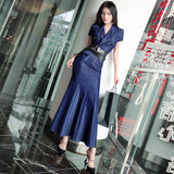 AOOKDRESS Summer skirt mid-length new style fashionable short-sleeved short-sleeved suit collar over-the-knee waist slim-fit dress