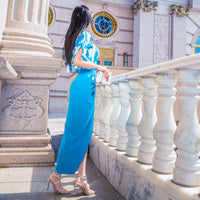 AOOKDRESS summer skirt set new fashion V-neck print shirt open-top hip long skirt two-piece set