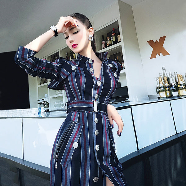 AOOKDRESS spring new fashion temperament stripe color matching slim slim sexy hip long sleeve shirt dress