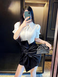 Aookdress spring and summer women's ol suit 2021 new bubble short sleeve shirt high waist big bow skirt two piece set