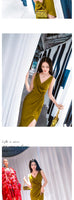 AOOKDRESS summer satin sexy wrinkled sleeveless long skirt new stylish deep V irregular dress