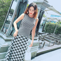 Aookdress women's summer new sleeveless dress mid length waist length slim sexy Plaid knee length skirt