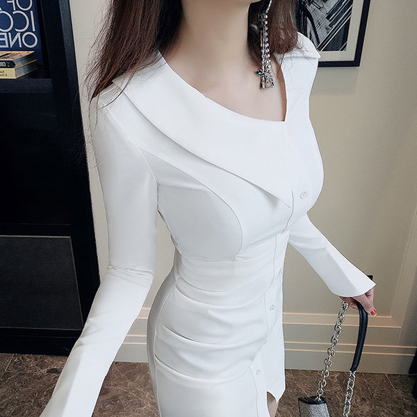 AOOKDRESS new women's spring white tight-fitting waist one-piece dress temperament long-sleeved lapel hip dress
