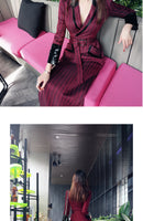 AOOKDRESS spring new suit collar slit long skirt nine-point sleeves and leather waist slim striped dress