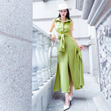 AOOKDRESS shirt dress in the long summer new fashion avocado green satin fake two-piece knee-length skirt