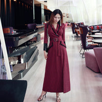 AOOKDRESS spring new suit collar slit long skirt nine-point sleeves and leather waist slim striped dress