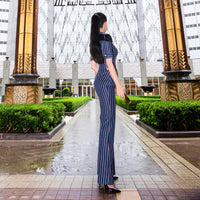 AOOKDRESS summer sexy casual professional wear women's suit fashion short sleeve striped coat temperament trousers two-piece suit