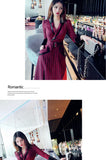 AOOKDRESS spring new suit collar slit long skirt nine-point sleeves and leather waist slim striped dress