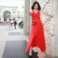 AOOKDRESS early spring strap dress long new fashion V-neck sleeveless waist slim annual dress