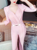 AOOKDRESS spring women's three-quarter sleeve jumpsuit 2021 new temperament wrinkled waist slimming jumpsuit micro flared pants