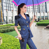 AOOKDRESS summer sexy casual professional wear women's suit fashion short sleeve striped coat temperament trousers two-piece suit