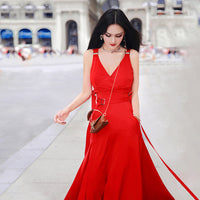 AOOKDRESS early spring strap dress long new fashion V-neck sleeveless waist slim annual dress