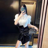 Aookdress spring and summer women's ol suit 2021 new bubble short sleeve shirt high waist big bow skirt two piece set