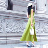 AOOKDRESS shirt dress in the long summer new fashion avocado green satin fake two-piece knee-length skirt