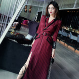 AOOKDRESS spring new suit collar slit long skirt nine-point sleeves and leather waist slim striped dress