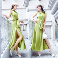 AOOKDRESS shirt dress in the long summer new fashion avocado green satin fake two-piece knee-length skirt