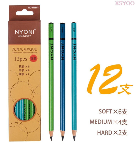 NYONI 12PCS Professional Charcoal Sketch Pencils Hard/Medium/Soft