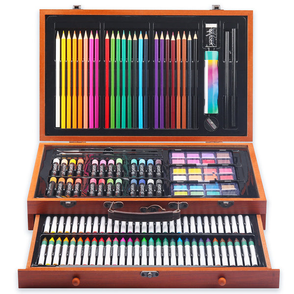 Wooden Art Box & Drawing Kit With Crayons, Oil Pastels, Colored Pencils,  Watercolor Cakes, Sketch Pencils, Paint Brush, Sharpener, Eraser 