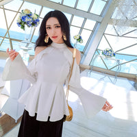 AOOKDERSS summer dress new Korean version of the commuter temperament sexy off-the-shoulder pleated skirt swing horn sleeve hanging neck shirt top girl