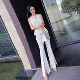 Aookdress summer dress new style socialite style commuting temperament women's pants suit sleeveless base shirt split eyelet wide leg pants