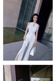 Aookdress summer dress new style socialite style commuting temperament women's pants suit sleeveless base shirt split eyelet wide leg pants