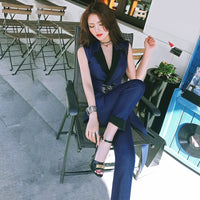 AOOKDRESS summer dress new professional imitation denim pants set temperament bump color stitching sleeveless vest thin foot trousers