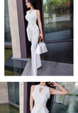 Aookdress summer dress new style socialite style commuting temperament women's pants suit sleeveless base shirt split eyelet wide leg pants