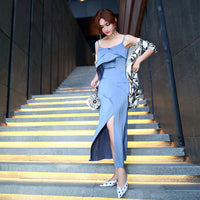 AOOKDRESS summer dress new celebrity style sexy sling thin solid color side open fork chiffon dress long skirt