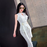 Aookdress summer dress new style socialite style commuting temperament women's pants suit sleeveless base shirt split eyelet wide leg pants