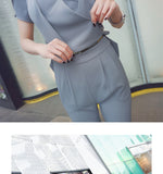 AOOKDRESS summer dress new professional pants set sexy V collar thin temperament chiffon shirt straight tube slim long pants