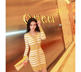 AOOKDRESS autumn and winter clothing new Korean commuter temperament was thin and slim, hit color bag hip striped bottoming sweater women