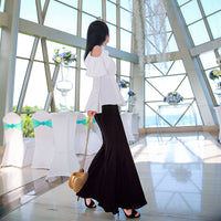 AOOKDERSS summer dress new Korean version of the commuter temperament sexy off-the-shoulder pleated skirt swing horn sleeve hanging neck shirt top girl